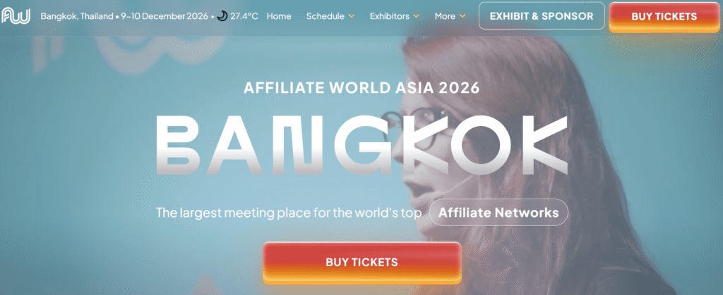 Affiliate World Asia 2026 conference website banner highlighting Bangkok event details and ticket registration.