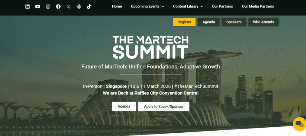 The MarTech Summit Singapore 2026 banner showcasing marketing technology conference details and venue.