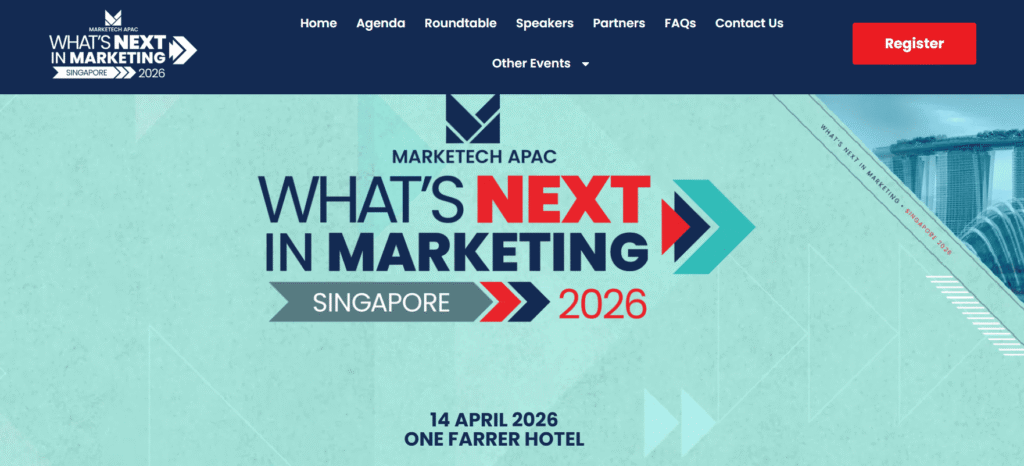 What’s NEXT in Marketing Singapore 2026 event banner promoting regional marketing leadership conference.