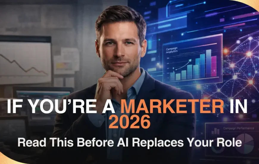 Banner showing a professional marketer with digital analytics dashboards and AI visuals, highlighting the message ‘If you’re a marketer in 2026, read this before AI replaces your role