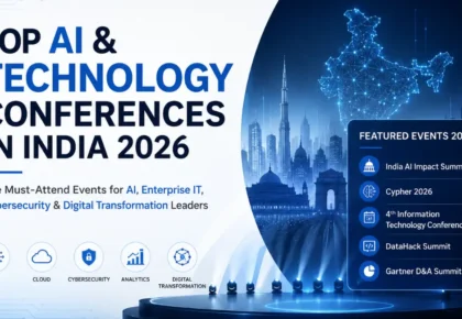 Top AI Conferences in India 2026 featuring India AI Impact Summit, Cypher 2026, 4th Information Technology Conference 2026, DataHack Summit and Gartner D&A Summit