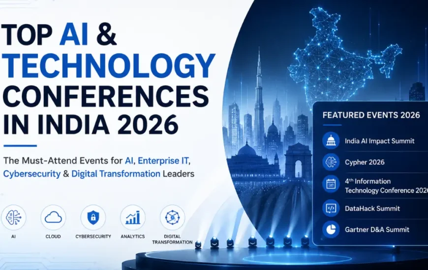Top AI Conferences in India 2026 featuring India AI Impact Summit, Cypher 2026, 4th Information Technology Conference 2026, DataHack Summit and Gartner D&A Summit