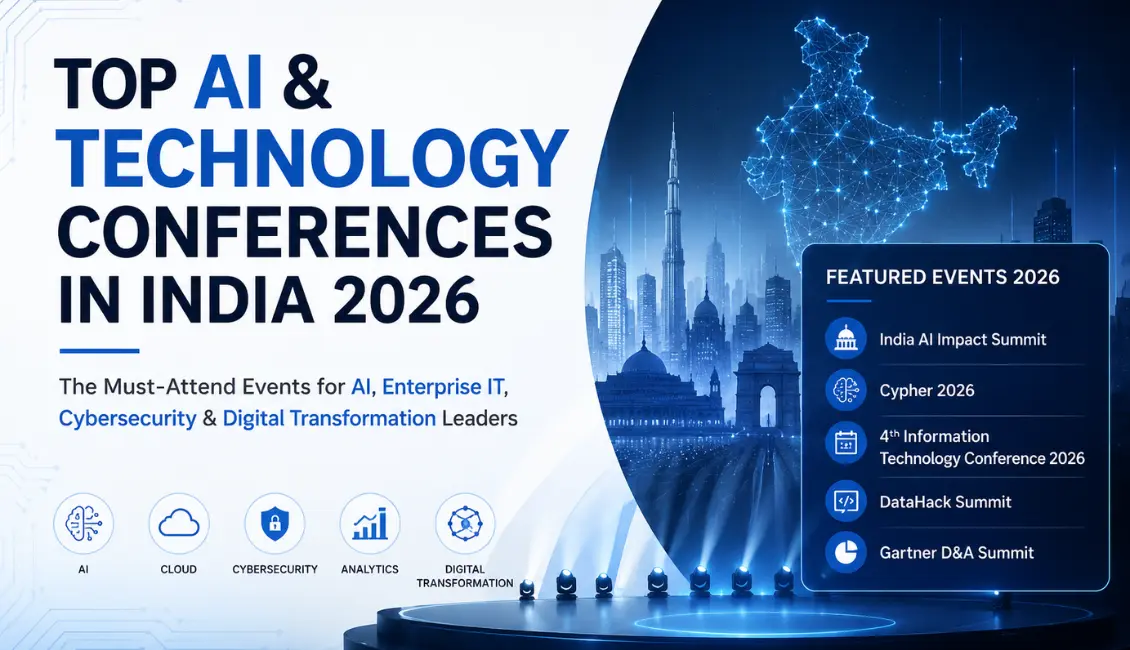 Top AI Conferences in India 2026 featuring India AI Impact Summit, Cypher 2026, 4th Information Technology Conference 2026, DataHack Summit and Gartner D&A Summit